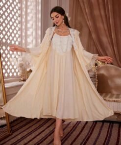 طقم فستان مع رداء مزين بالدانتيل والحزام